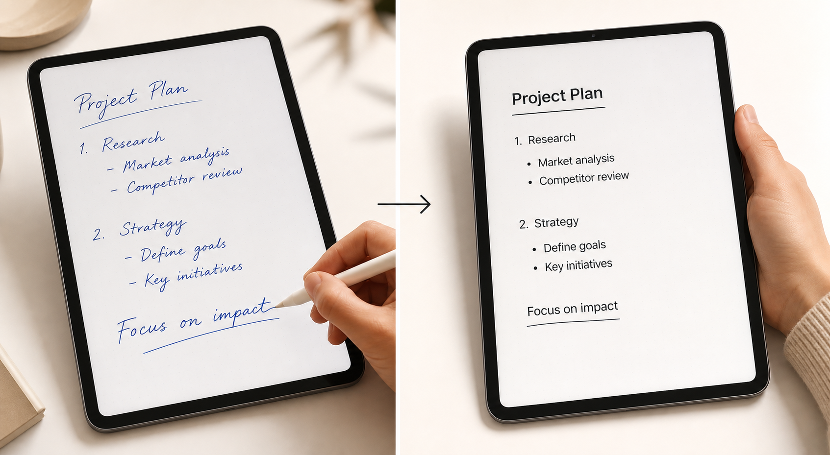 Split comparison showing handwritten cursive and print text on a digital tablet on the left, converted to clean digital sans-serif text on the right, with a transition arrow between them.