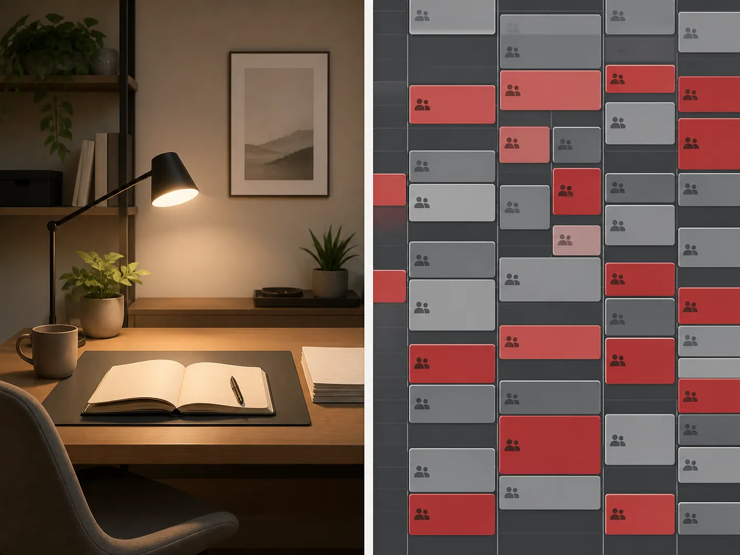 Tidy worker-controlled notes setup contrasted with a wall of scheduled meeting blocks