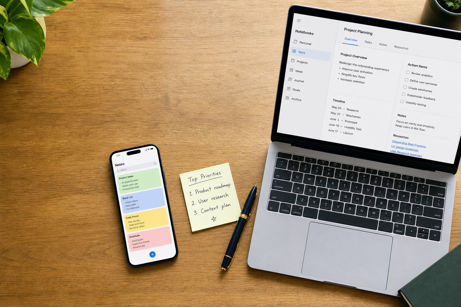 Top-down flat-lay photograph on a wooden desk showing a smartphone displaying colorful card-style notes on the left and a laptop showing a structured notebook interface on the right, with a handwritten sticky note and fountain pen between them.