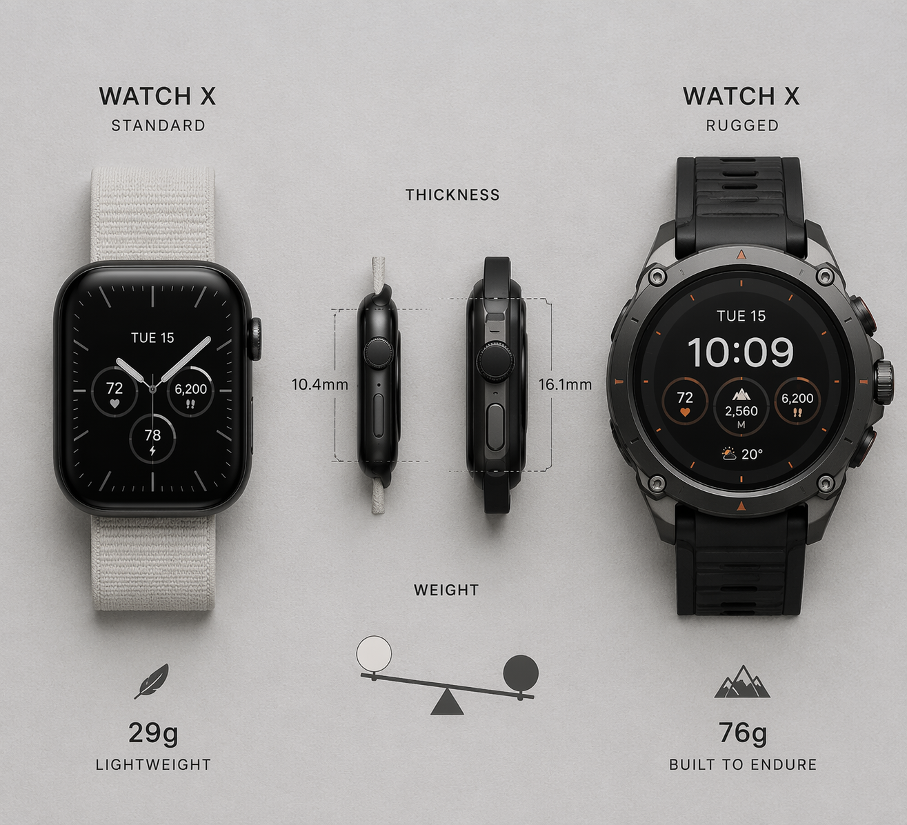 Two smartwatches viewed from above, with a thinner lighter watch beside a thicker rugged watch