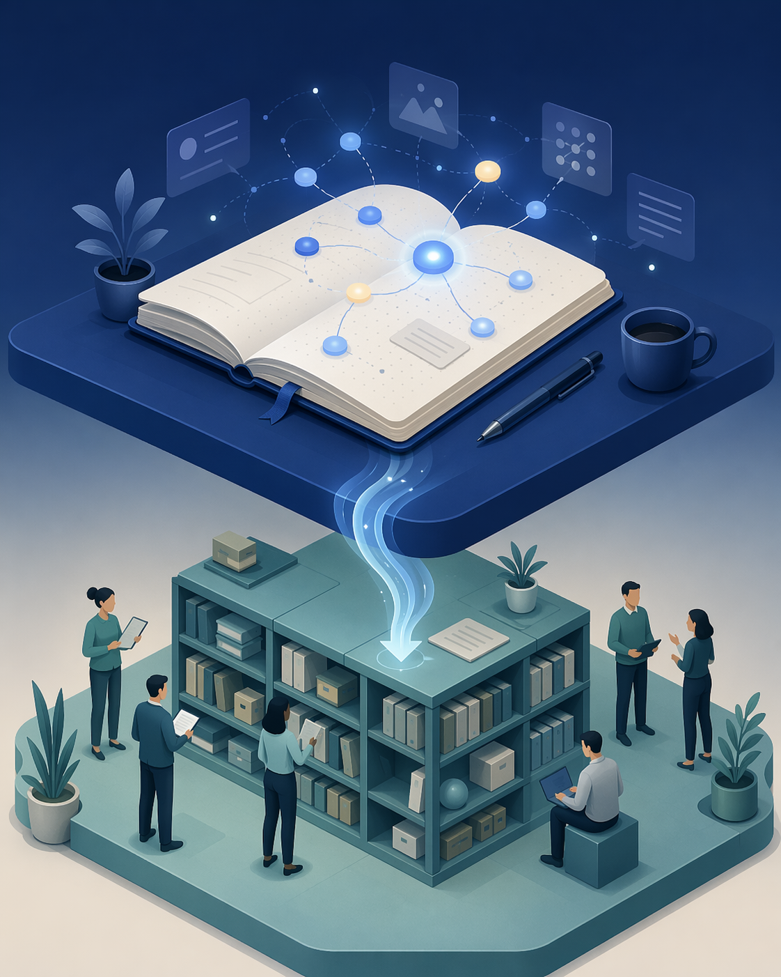 A two-layer architecture illustration: top layer in deep blue shows an open notebook with glowing floating nodes; bottom layer in teal shows shared shelves with silhouettes of people around them; a soft flowing bridge connects the two layers.