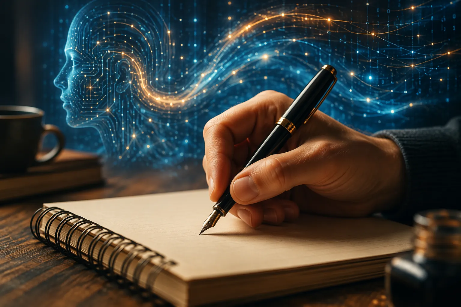 A hand writes in a spiral notebook while faint digital data streams glow in the background