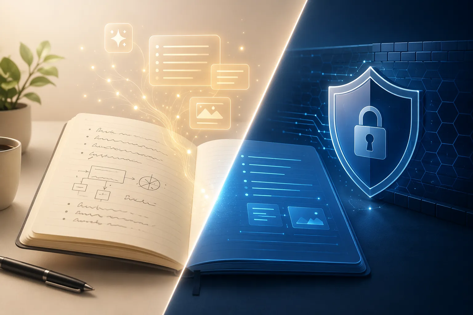 AI-assisted note-taking convenience contrasted with a shield-and-lock privacy barrier