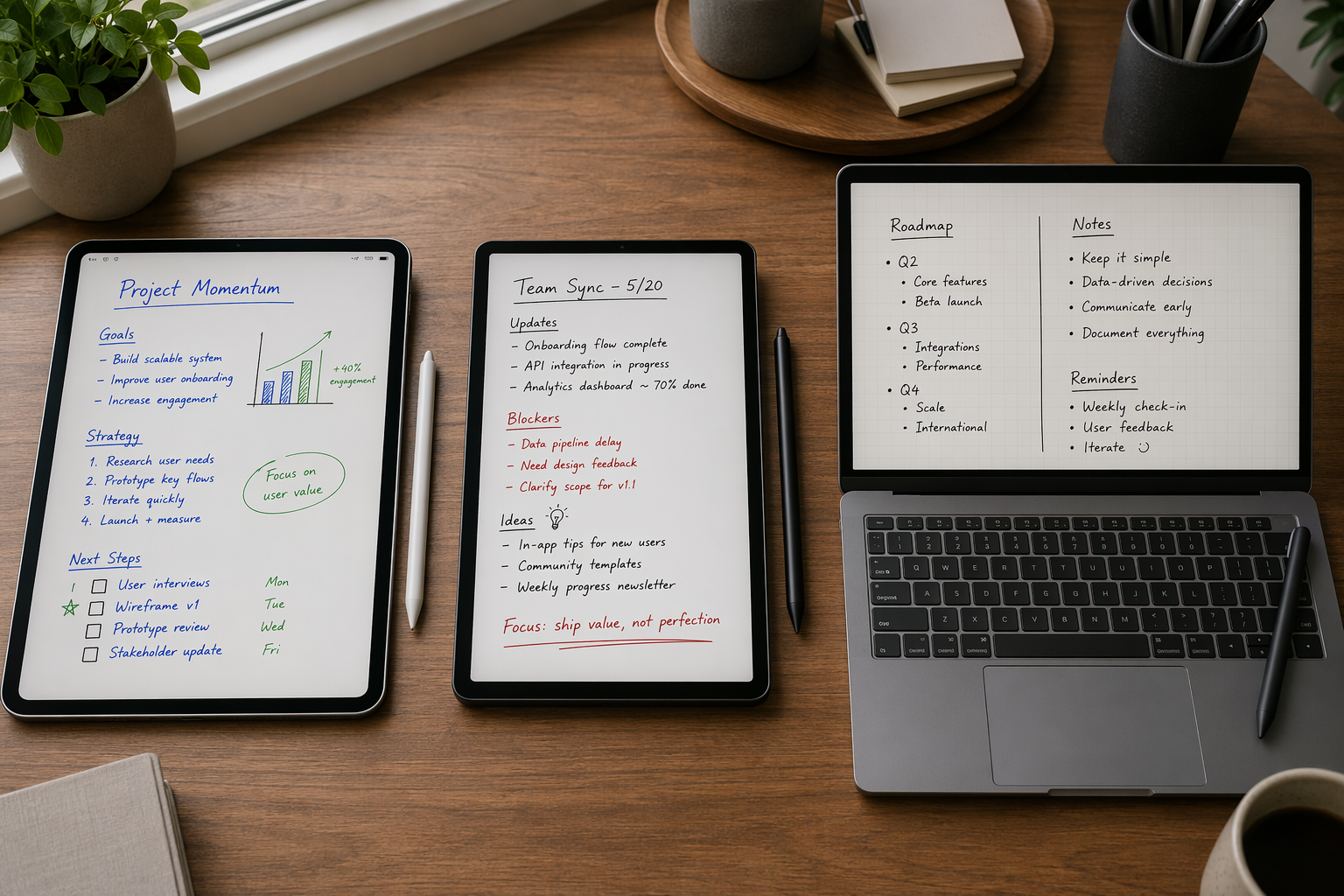 iPad, Android tablet, and Windows laptop arranged on a desk for stylus note-taking comparison
