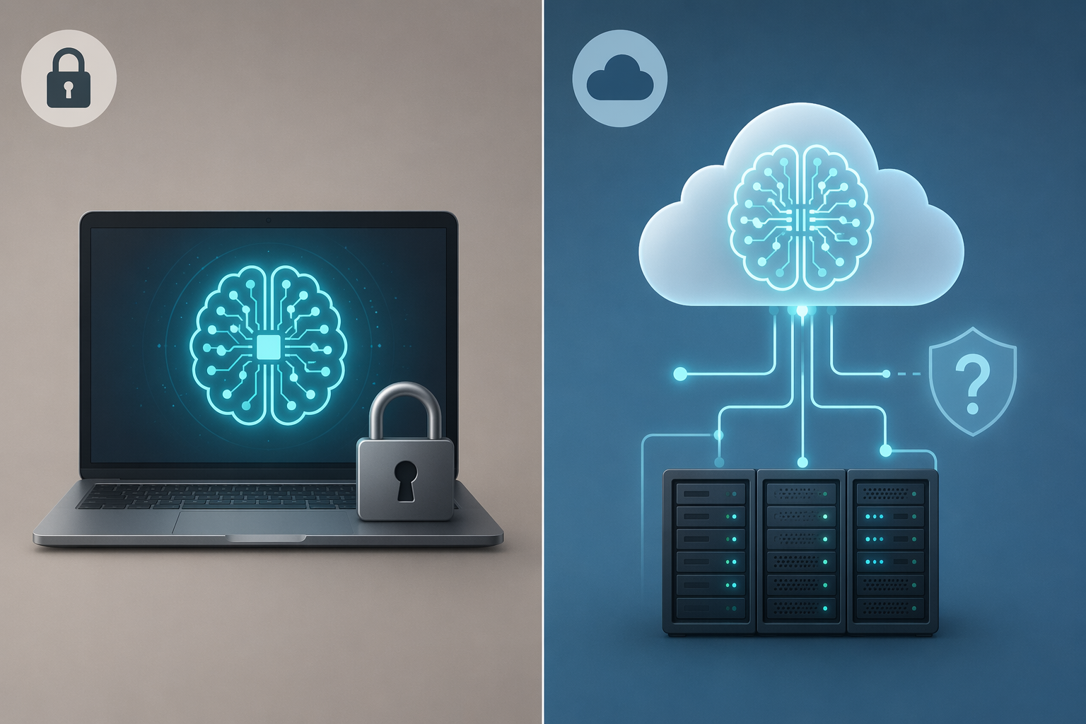 A side-by-side illustration comparing local AI processing on a laptop with a padlock symbol versus cloud AI processing with a shield and question mark.