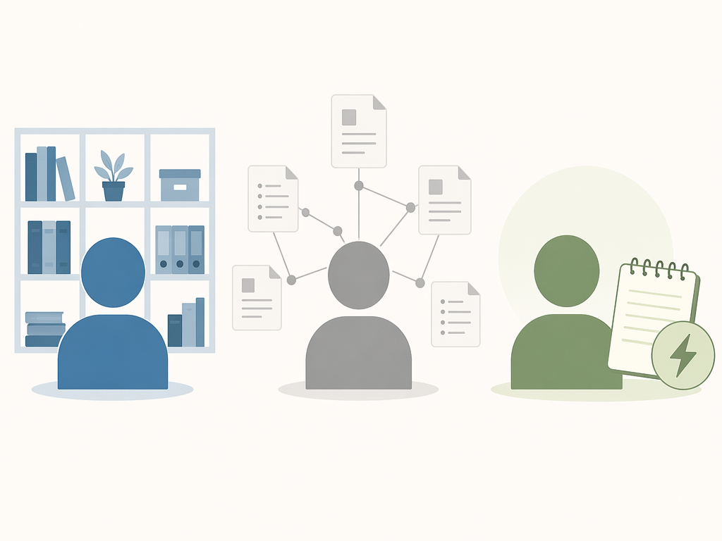 Minimalist flat vector illustration showing three abstract user profile icons side by side: left figure in front of an organized bookshelf grid pattern (structured manager), center figure connected by thin lines to floating document shapes (network thinker), right figure with a simple notepad and lightning symbol (quick-capture note-taker). Muted warm blue, neutral gray, and warm green color coding.