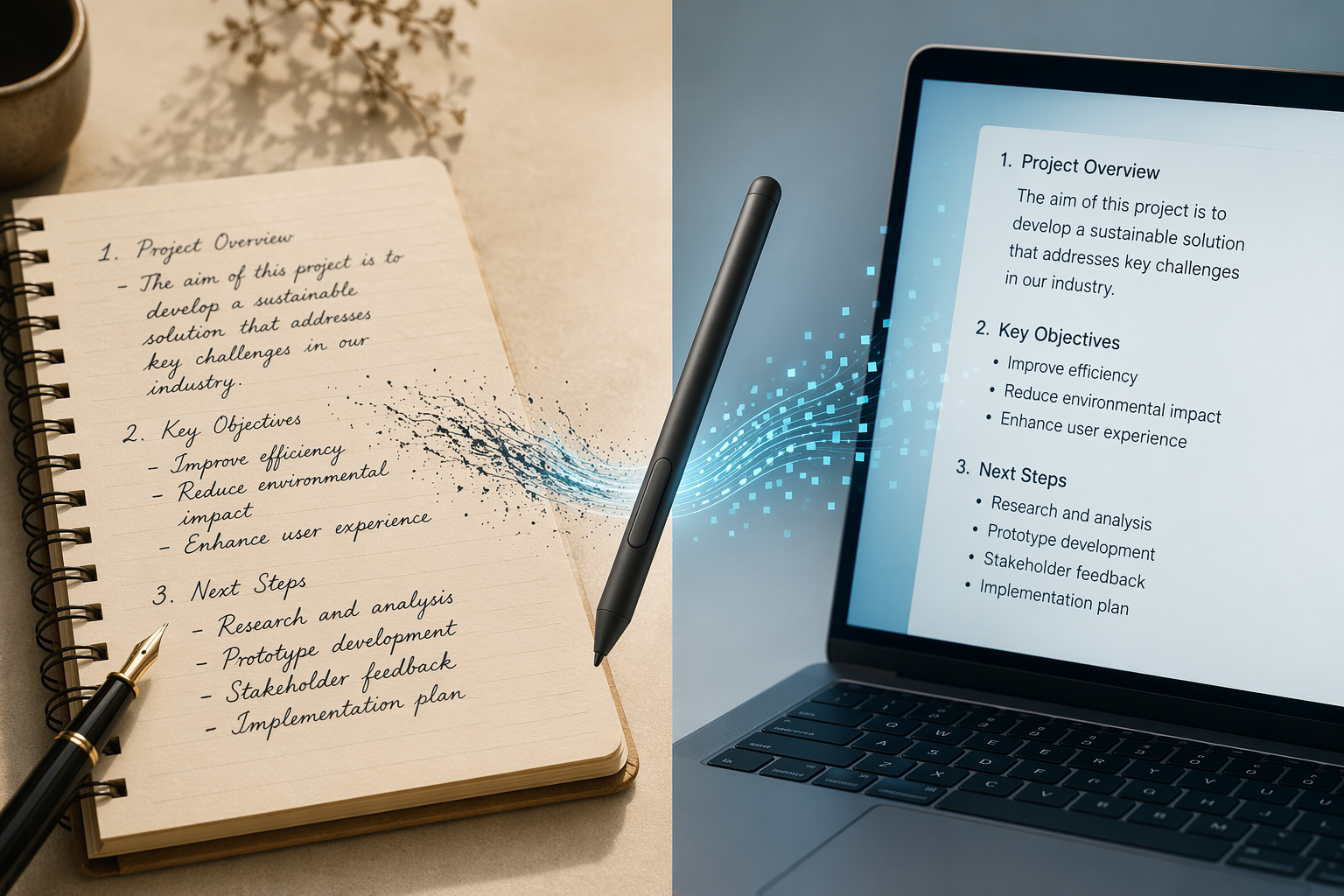Split-screen composition showing handwritten notebook notes on the left transforming into clean digital text on a laptop screen on the right, with a stylus pen bridging the two sides.