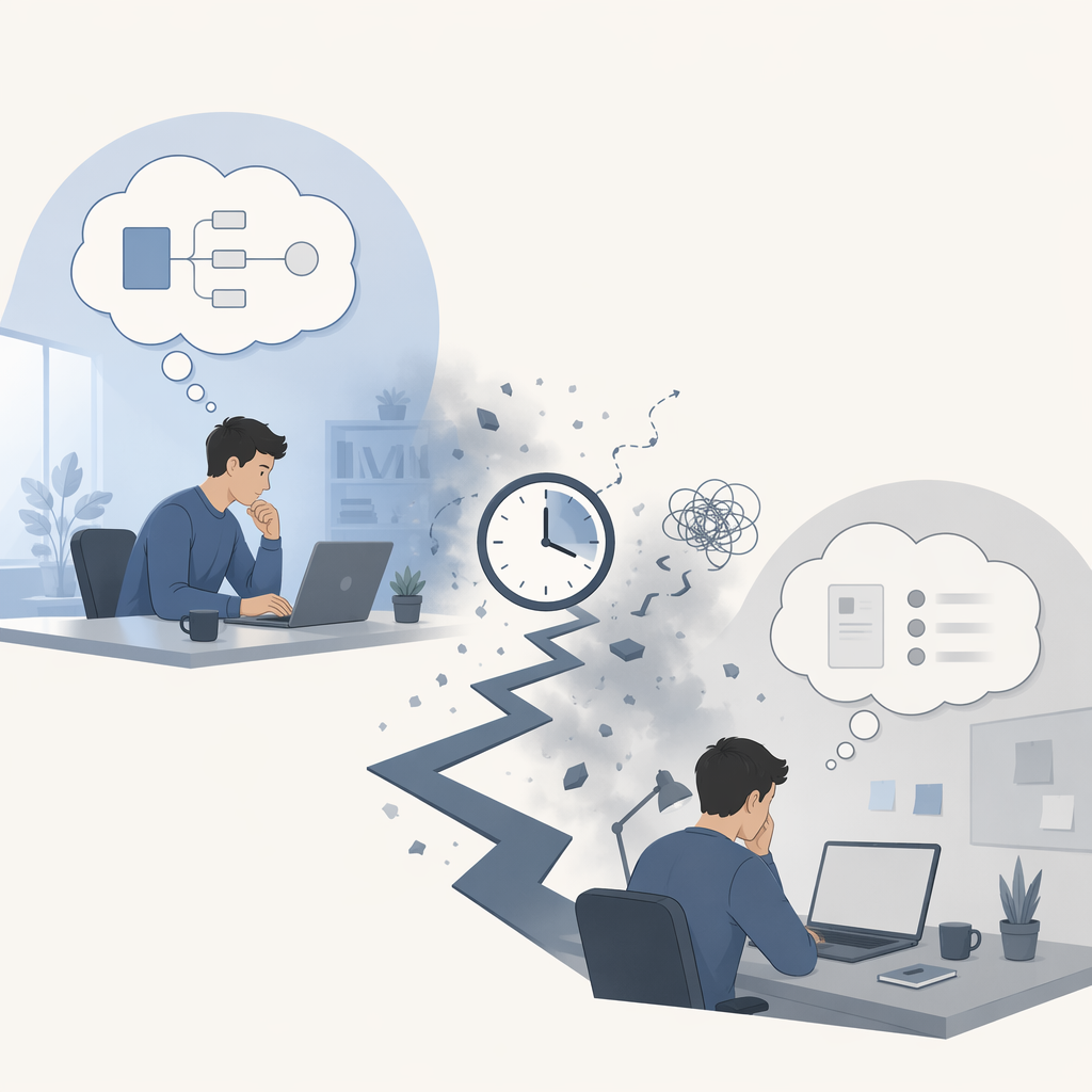 A person switching between tasks with a clock showing the delay caused by cognitive re-entry
