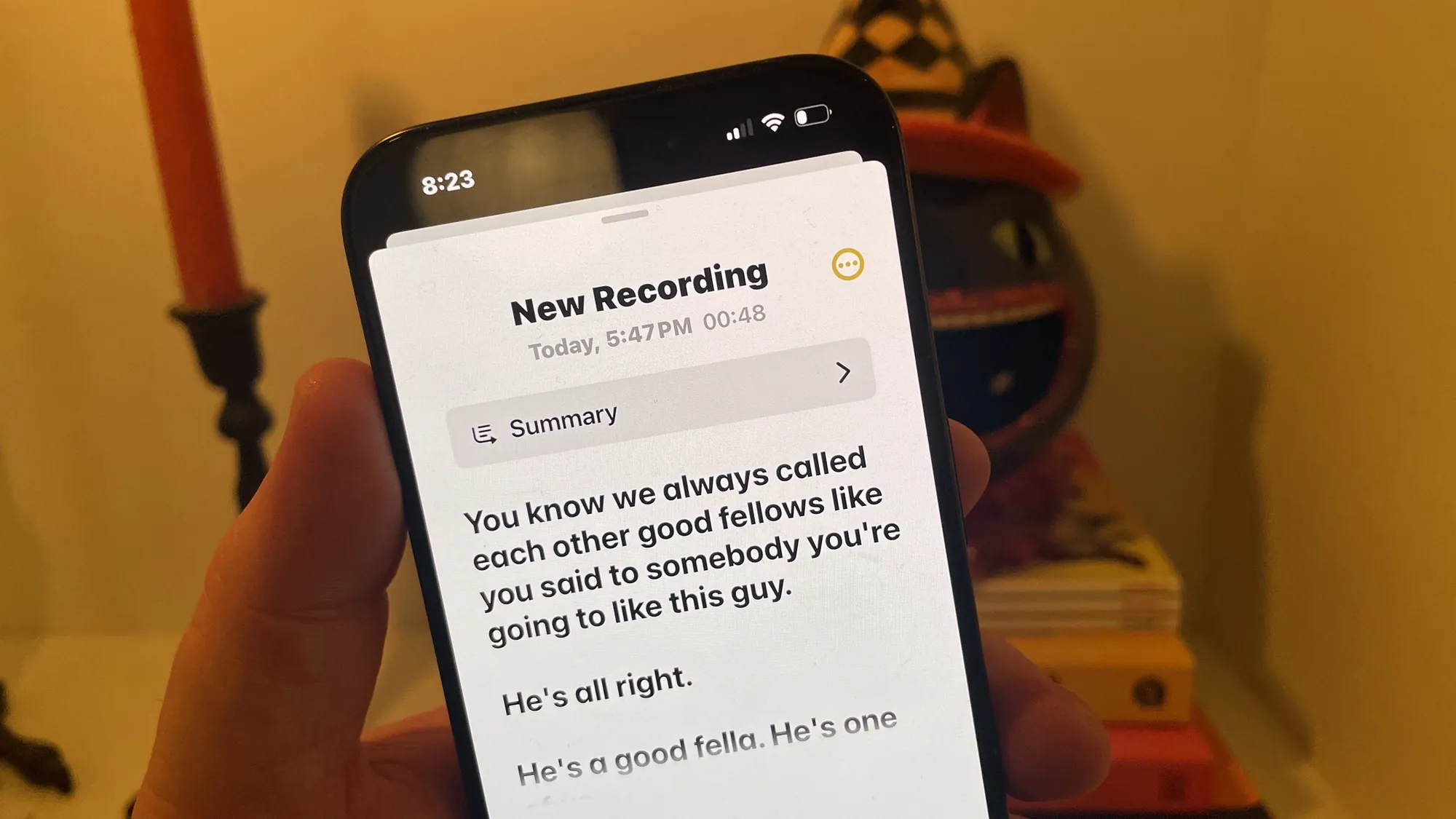 Audio recording in Apple Notes with AI Summary controls visible