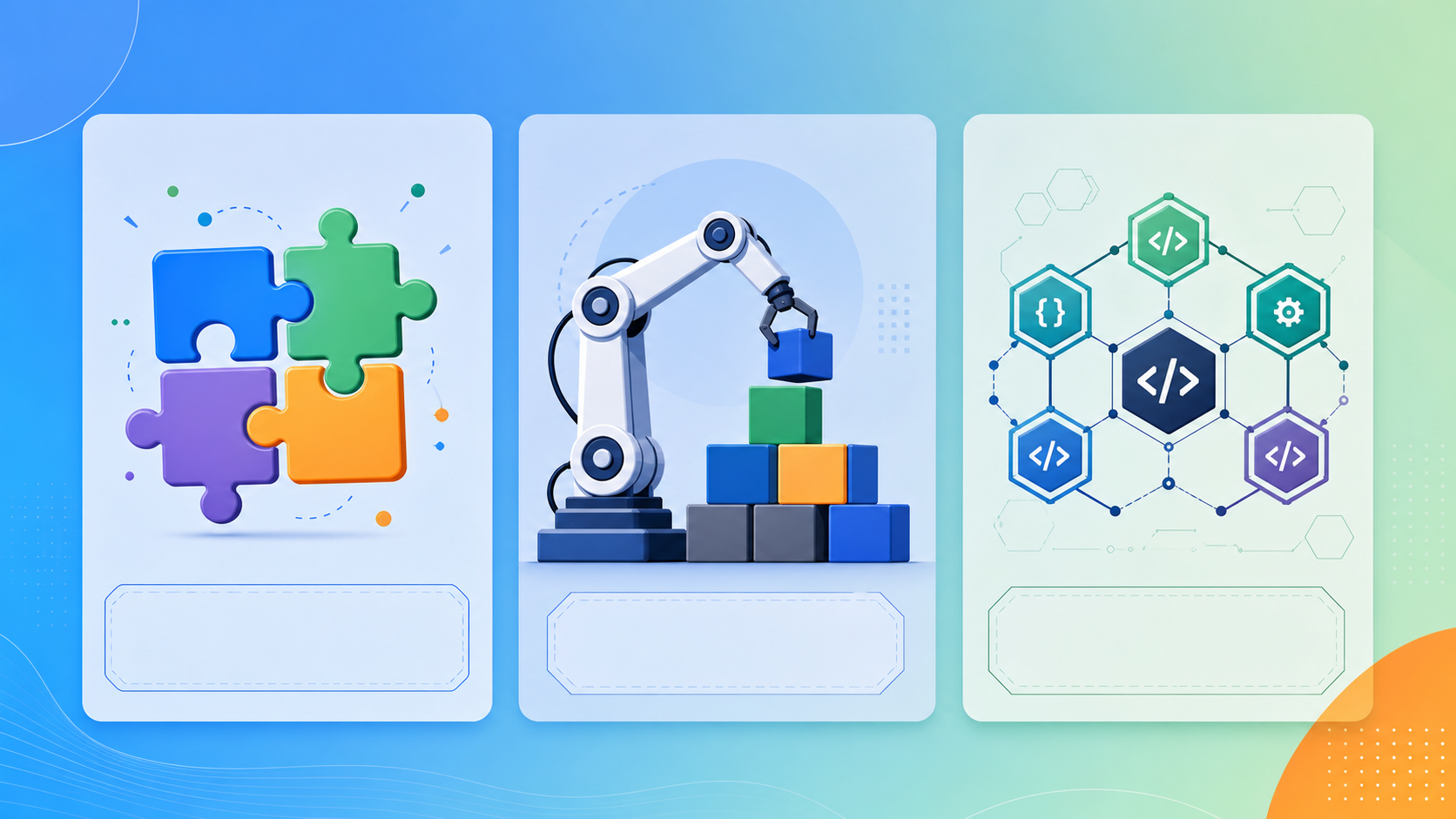 Three vertical columns representing process automation tool tiers: app connectors with puzzle-piece icons, RPA/BPA platforms with robotic and building-block icons, and open-source engines with hexagon network nodes.