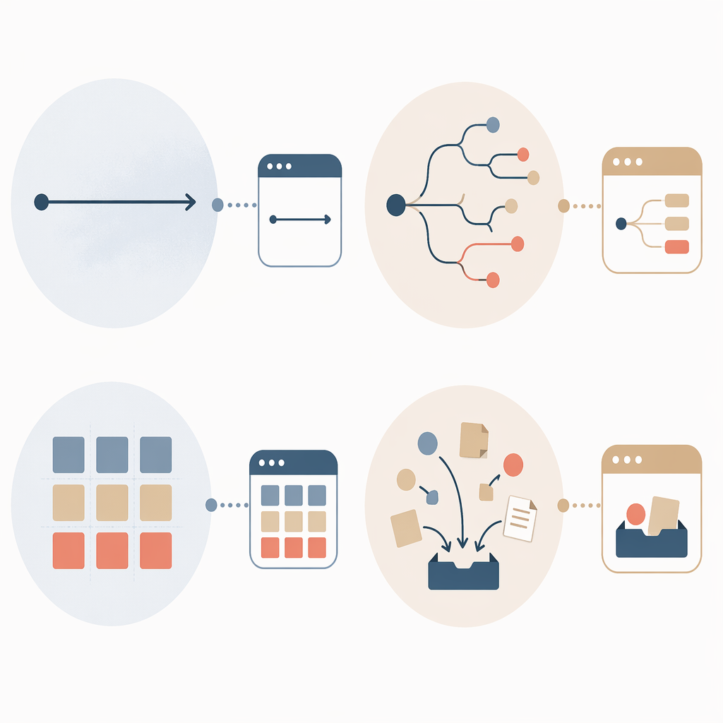 Four thinking style symbols for linear, visual, structured, and capture-heavy workflows