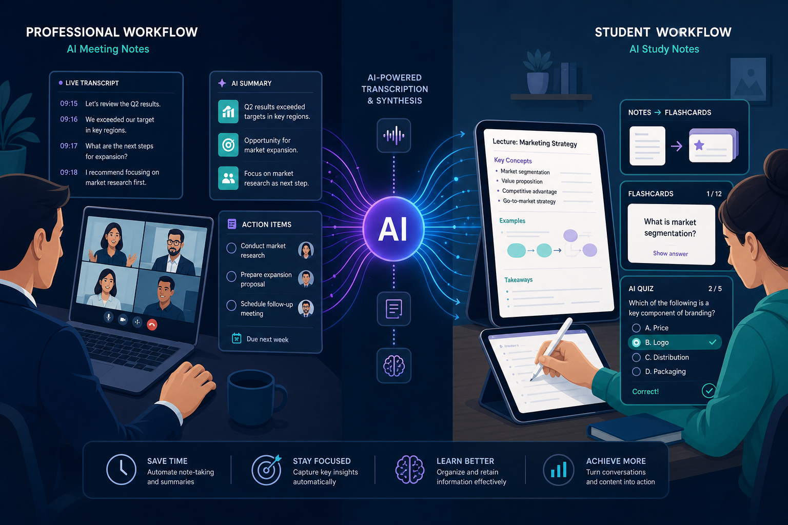 Split-panel illustration showing a professional in a video meeting with AI transcript overlays on the left and a student with a tablet converting notes to flashcards on the right, connected by a glowing data stream.