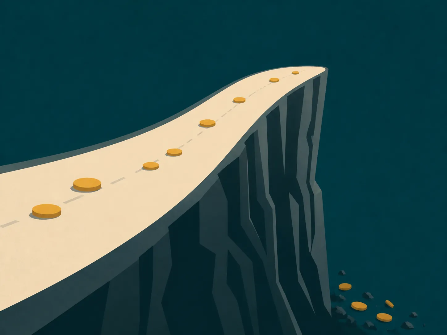 A road dropping off a cliff with coins scattered along it, representing the 200,000-token repricing threshold