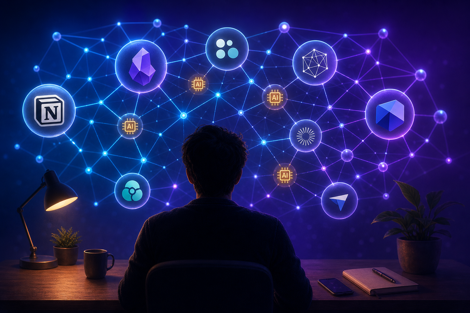 A silhouetted knowledge worker surrounded by a glowing knowledge graph of interconnected PKM tool nodes.