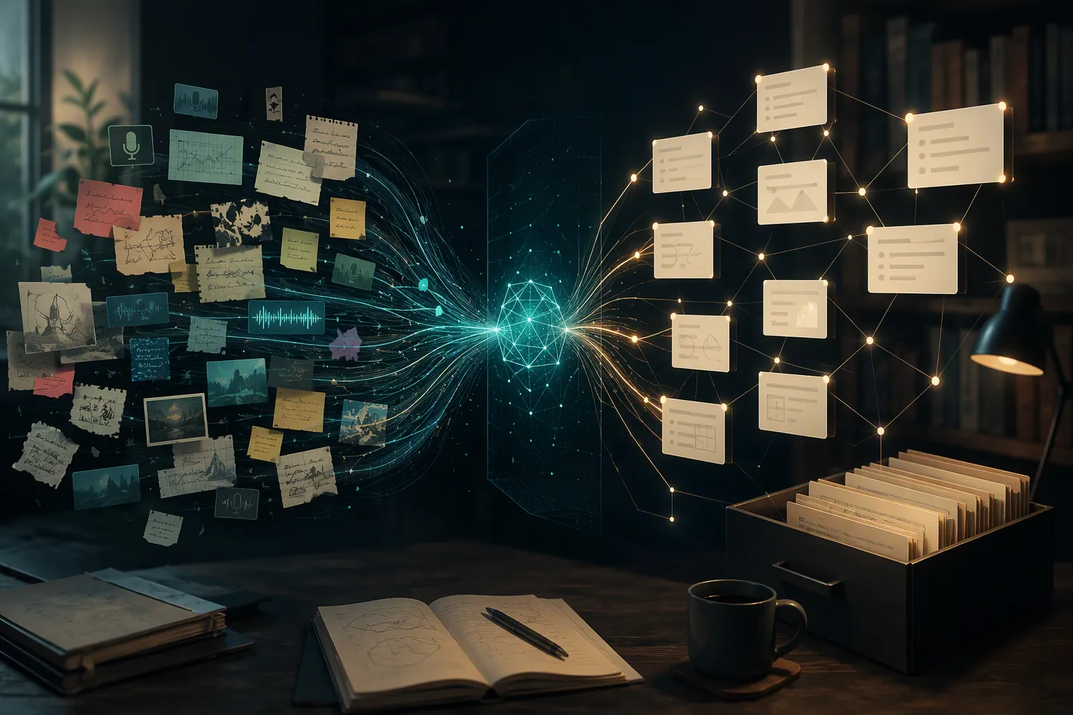 Glowing knowledge graph vault with rough capture fragments becoming structured note cards