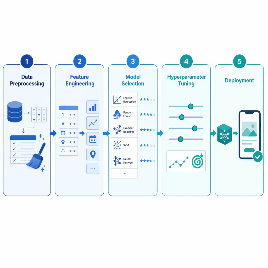 Five-stage automated machine learning pipeline showing preprocessing, feature engineering, model selection, tuning, and deployment