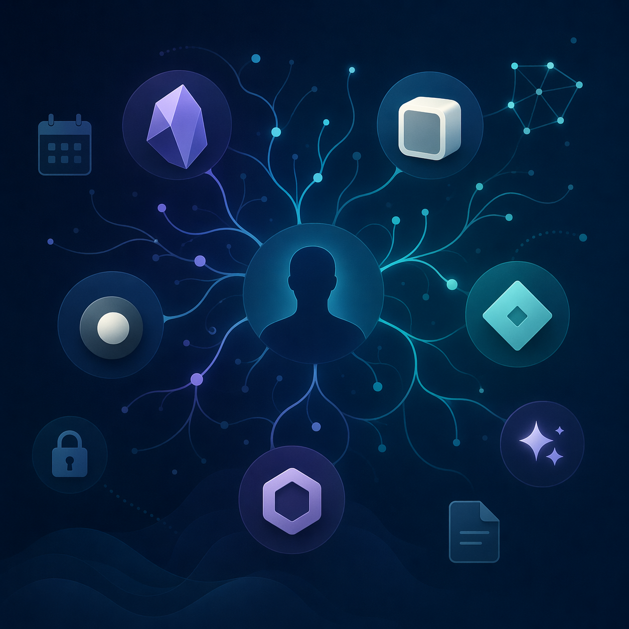 A flat-lay vector illustration on a dark-blue-to-teal gradient background featuring a centered human silhouette with a branching neural network radiating outward, where nodes are abstract geometric icons representing PKM tools, with floating elements including a calendar icon, graph network dots, a lock icon, an AI sparkle, and a document file icon in muted cyan and violet neon accents.