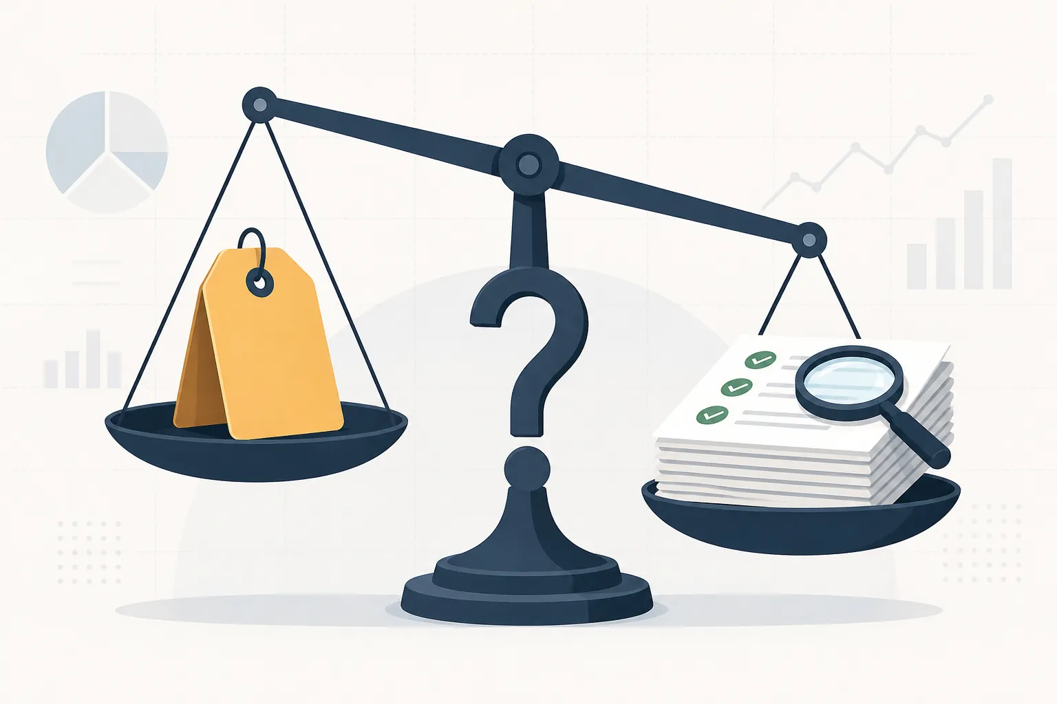 A balance scale weighing a price tag against checked documents and a magnifying glass