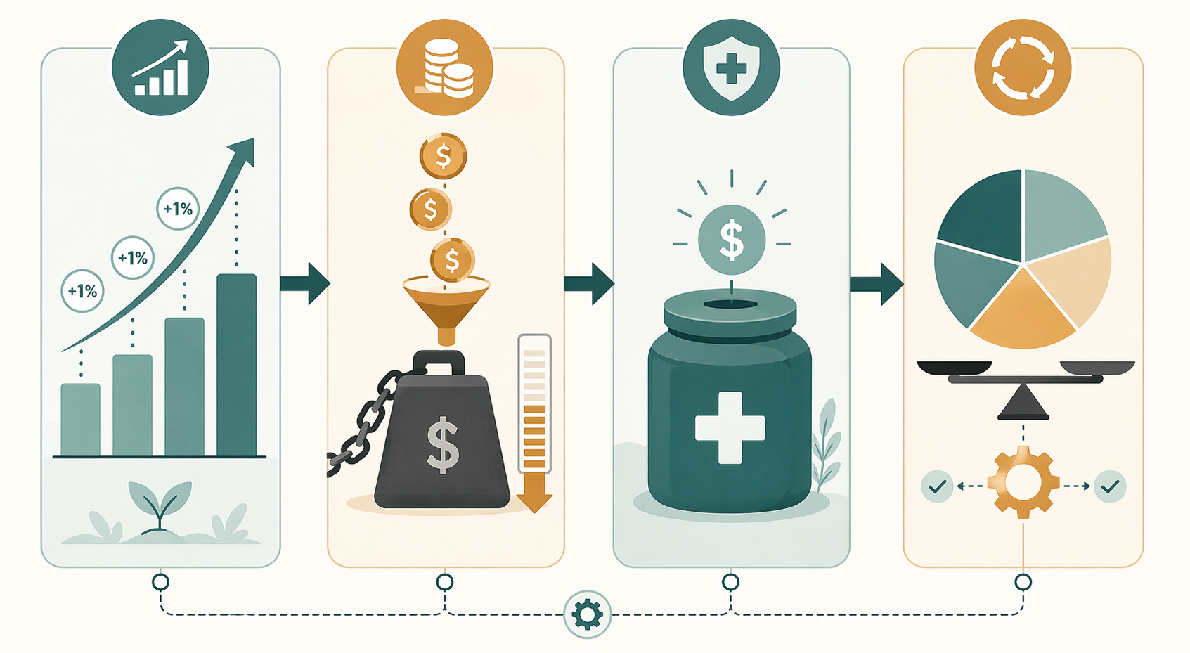 Four-column workflow diagram for savings escalation, debt payoff automation, HSA contributions, and portfolio rebalancing triggers