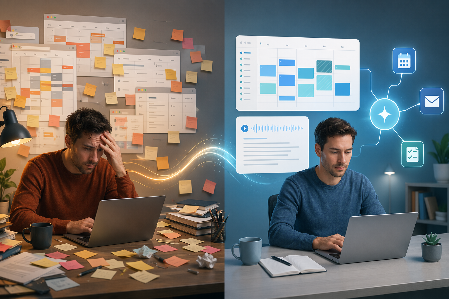 Split editorial illustration: left side shows a frazzled worker at a cluttered desk with overlapping warm-toned calendar blocks, scattered sticky notes, and multiple browser tabs; right side shows the same worker calm and organized with a clean cool-toned calendar featuring AI-scheduled focus blocks, a transcription pane, and a central hub connecting calendar, email, notes, and task icons, with a subtle glowing line bridging the two sides.