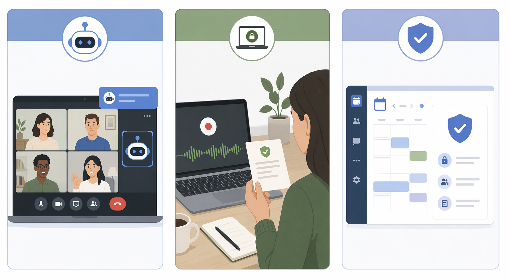 Three-column illustration comparing bot-based, local-first, and platform-native meeting transcription consent models