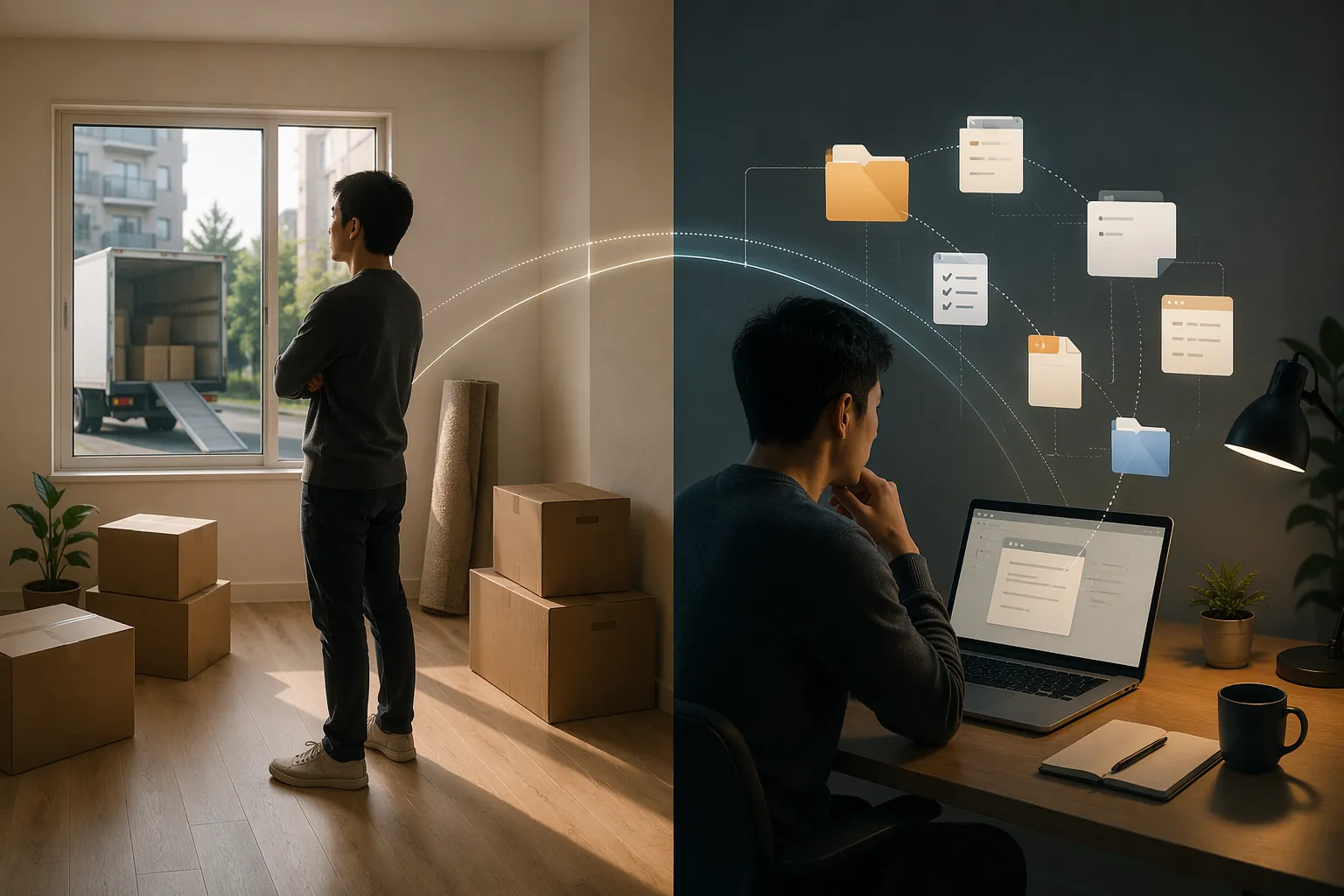 A person managing both a physical move and a digital note-app migration