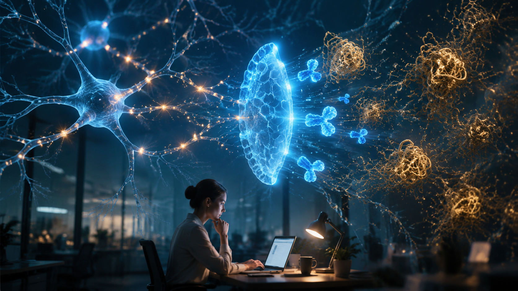 Neural connections protected from tau tangles by a shield-like protein structure while a knowledge worker focuses at a desk