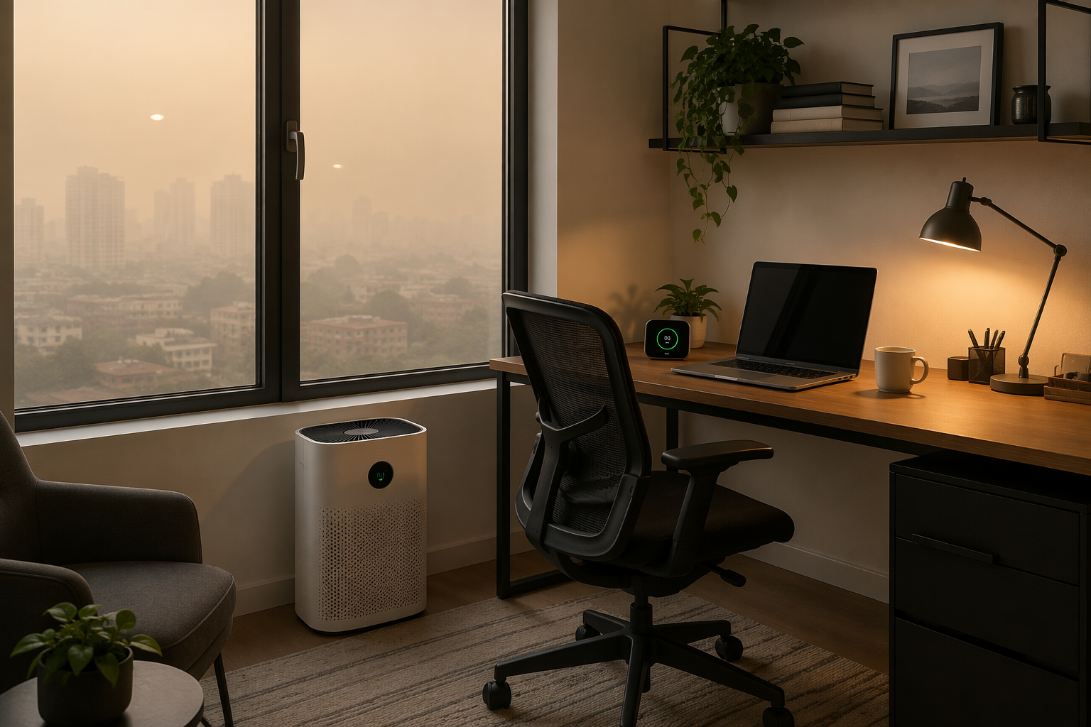 Home office with HEPA purifier and air quality monitor while smoky air hangs outside the window