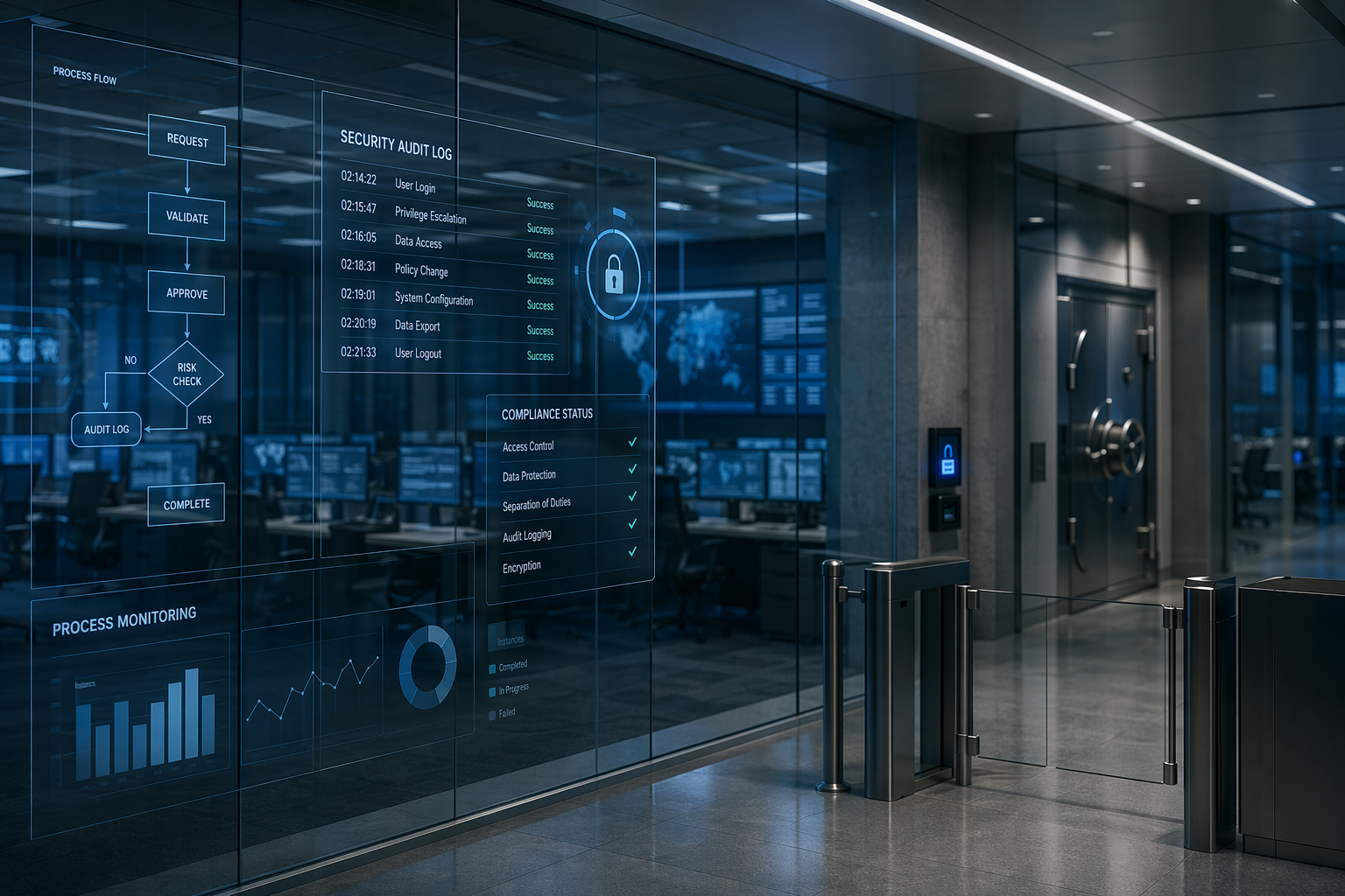 Enterprise operations center with audit dashboards, process flow displays, and controlled-access infrastructure