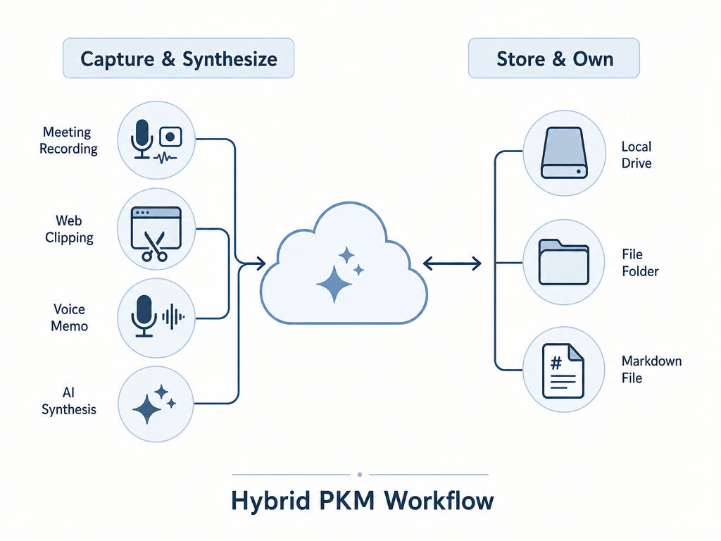 A workflow diagram showing a two-path hybrid PKM system. Left path labeled 'Capture & Synthesize' flows through meeting, web clipping, and voice memo icons into a cloud shape with an AI sparkle. Right path labeled 'Store & Own' shows a hard drive, folder, and markdown file icon. A bidirectional arrow connects both paths.