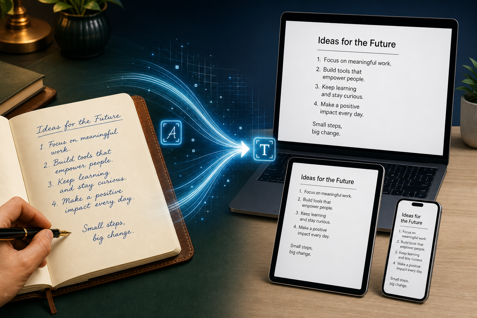 A hand holding a fountain pen writes legible cursive in a notebook on the left side. A glowing digital swoosh with subtle grid patterns leads to the right side showing a laptop, tablet, and smartphone displaying the same text in clean digital typeface.