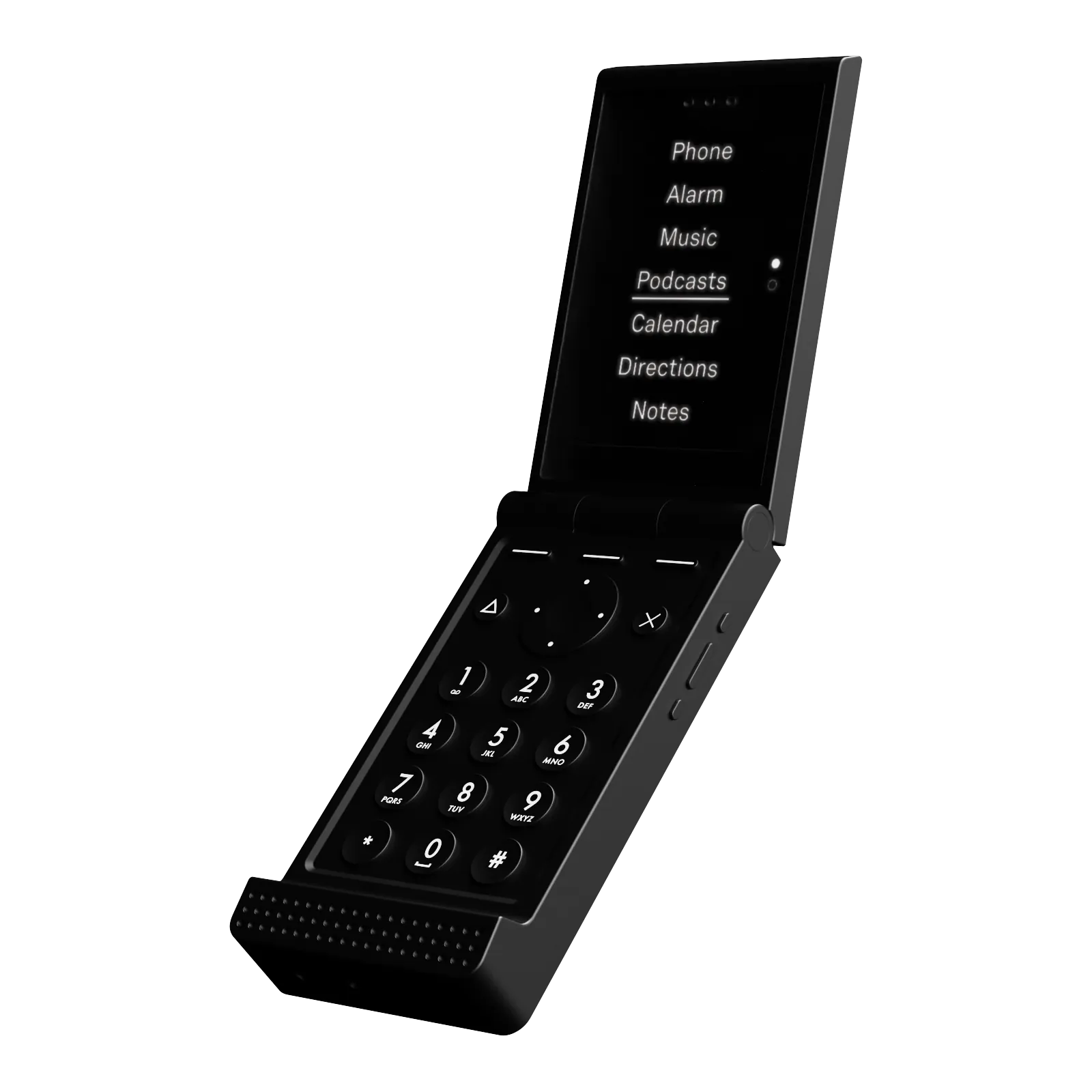The Light Flip phone surrounded by LightOS tool icons including Calendar, Music, Directions, Alarm, Camera, Hotspot, Calculator, and Notes
