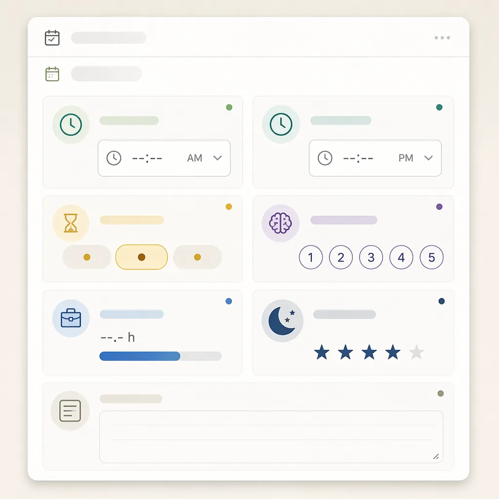 Minimal daily log card with eating start and end times, timing label, cognitive rating, deep work hours, sleep quality, and brain-fog notes