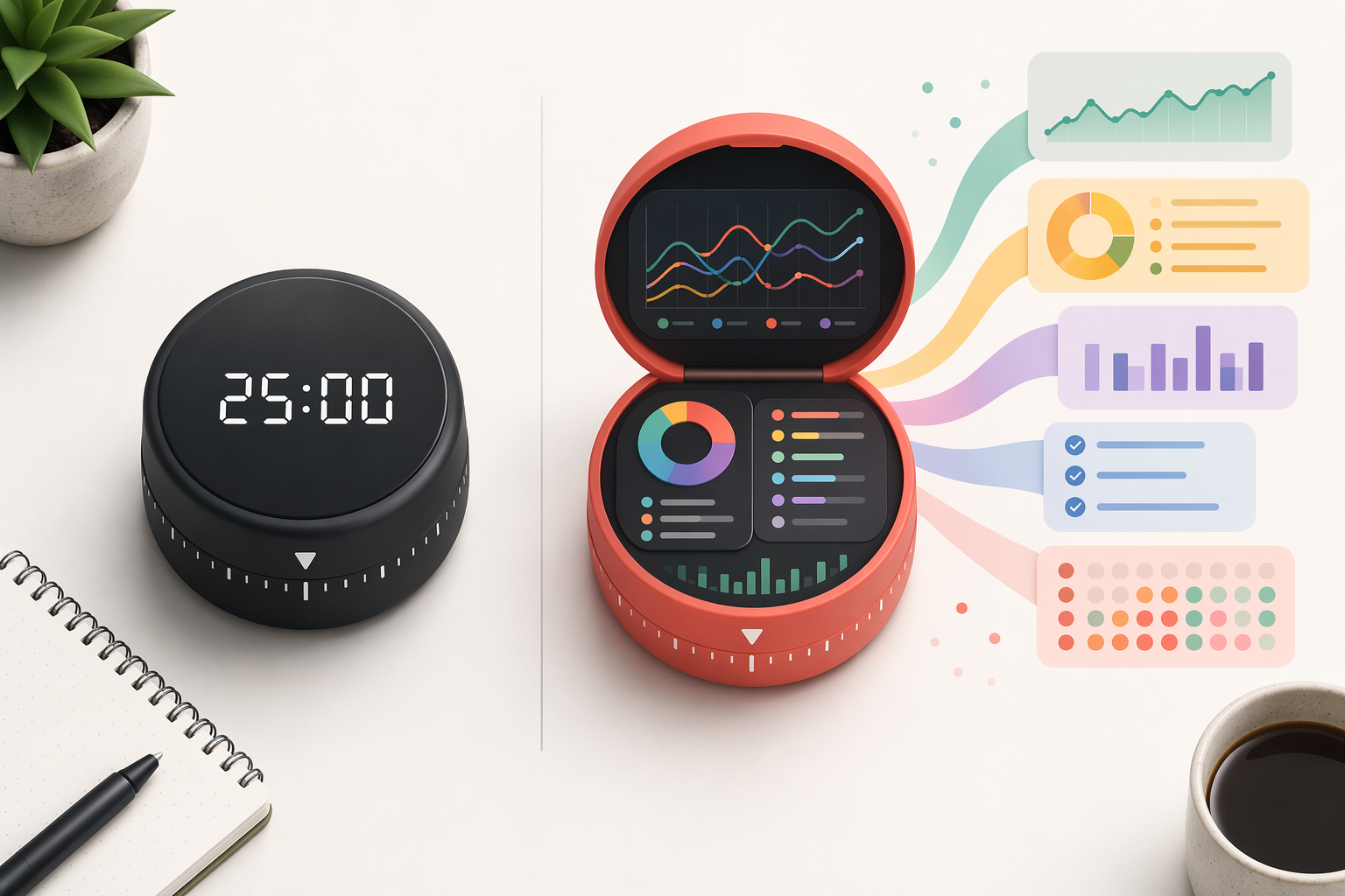 A basic Pomodoro countdown contrasted with a timer showing charts, logs, task breakdowns, and focus trends