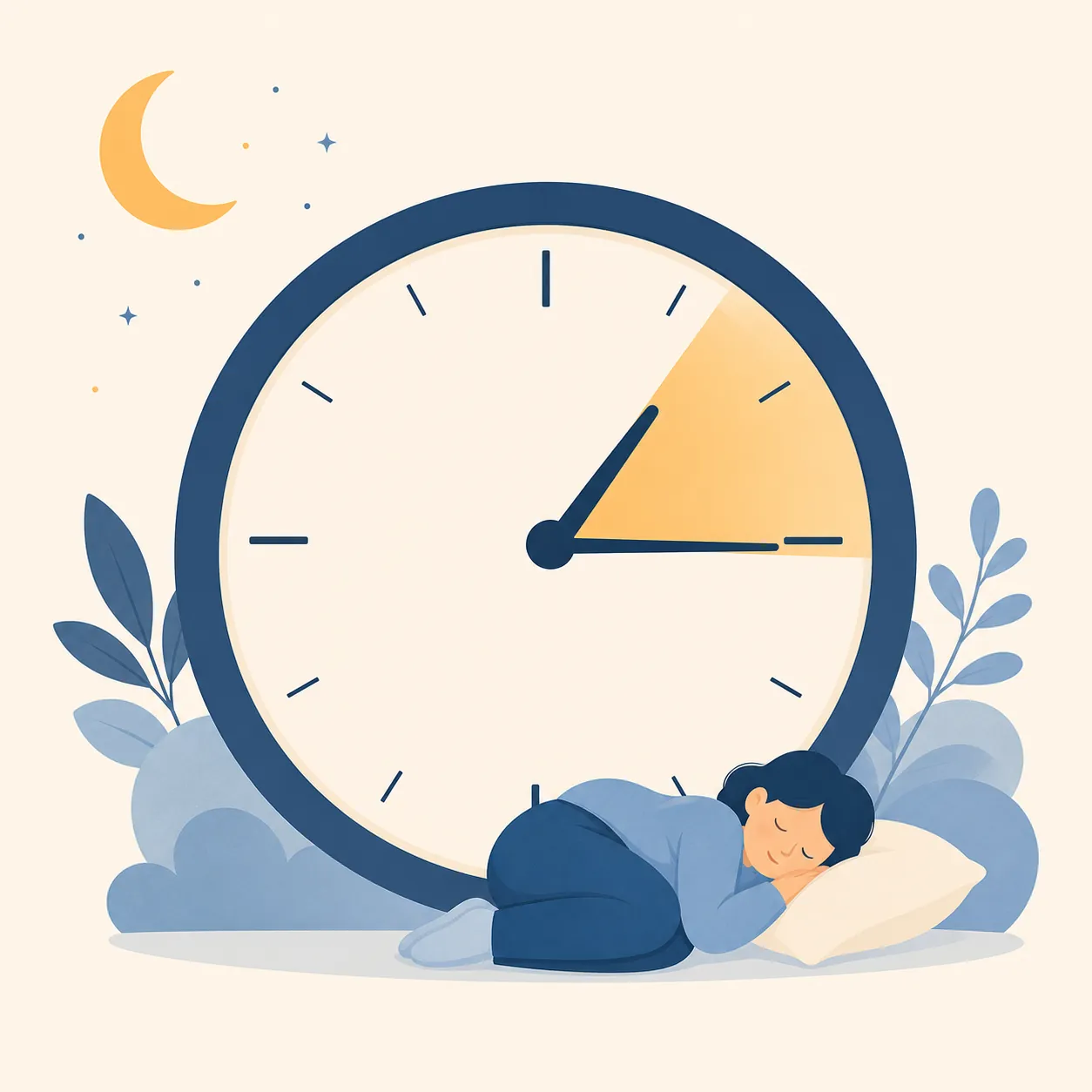 Illustration of an analog clock highlighting early afternoon with a small sleeping figure, representing a short daytime nap