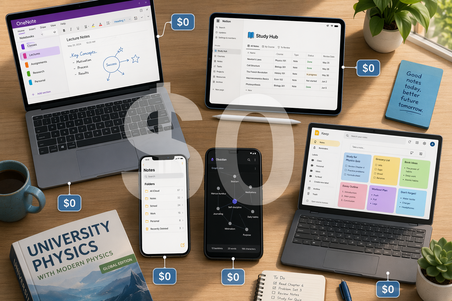 A top-down flat-lay of a student desk showing five devices (Windows laptop, iPad with Apple Pencil, iPhone, Android phone, Chromebook) arranged in a semicircle, each screen displaying a different free note-taking app interface (OneNote, Notion, Obsidian, Apple Notes, Google Keep). A large transparent '$0' watermark overlays the scene with small '$0' tags connected to each device.