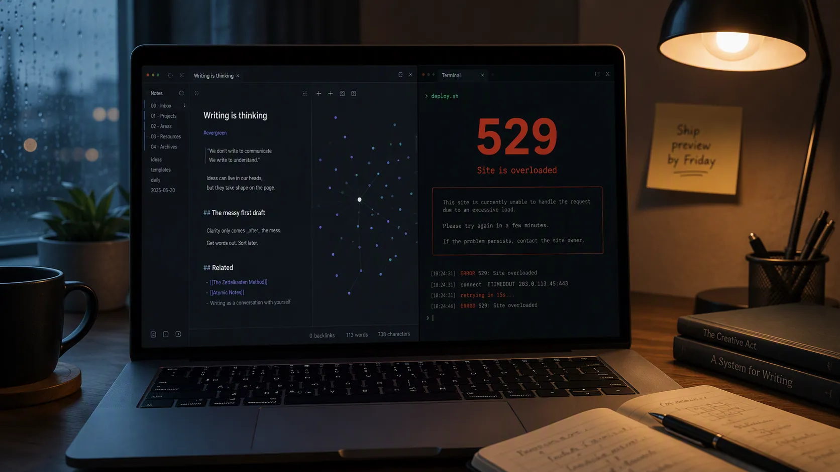 Obsidian-style notes beside a terminal showing a 529 error during an interrupted workflow