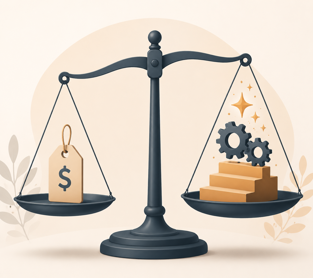 Balance scale comparing a simple price tag with workflow gears, AI sparkles, and stacked automation steps