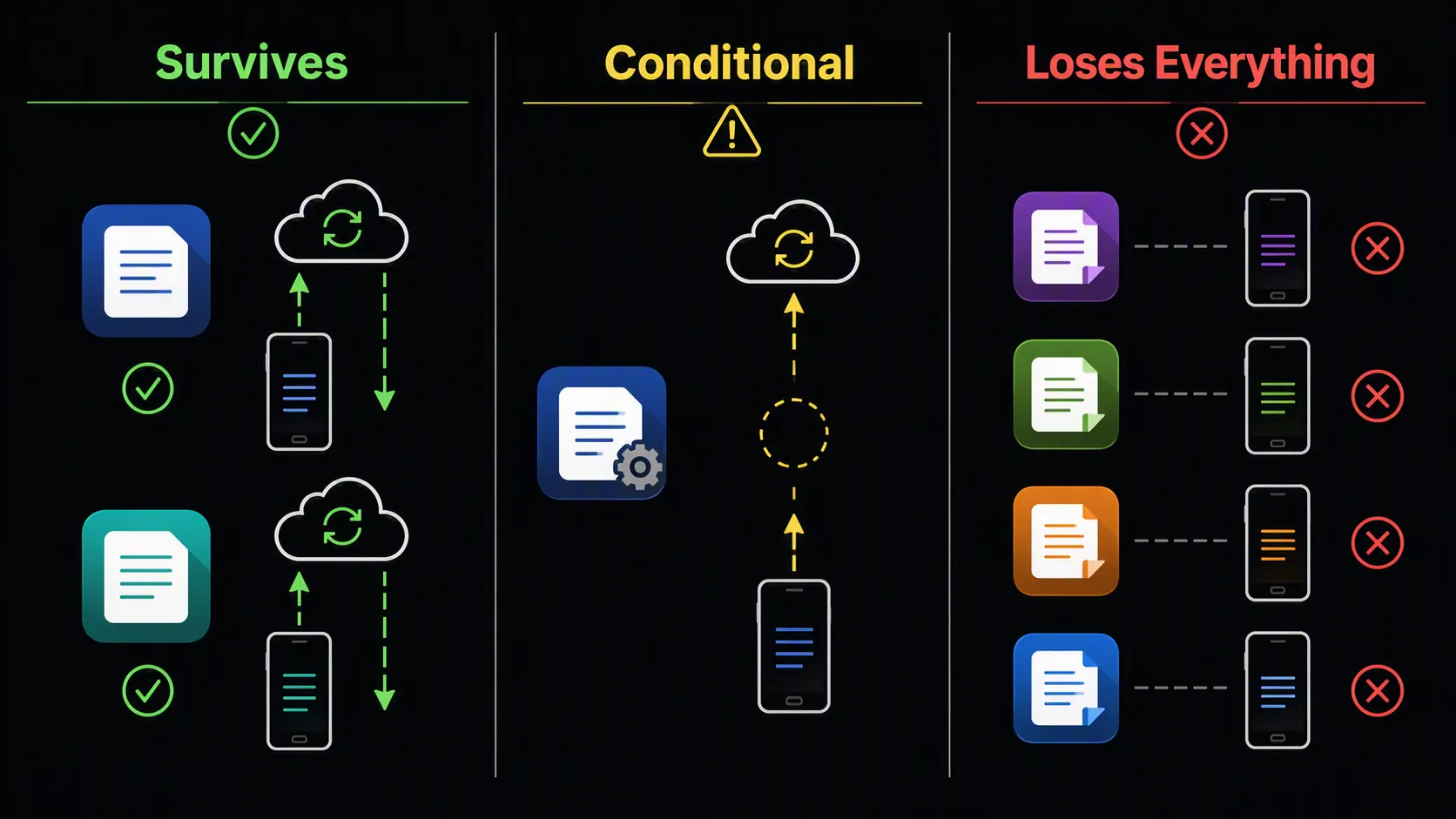 Three-column comparison showing cloud-synced note apps surviving, Joplin as conditional, and local-only note apps losing data after a wipe