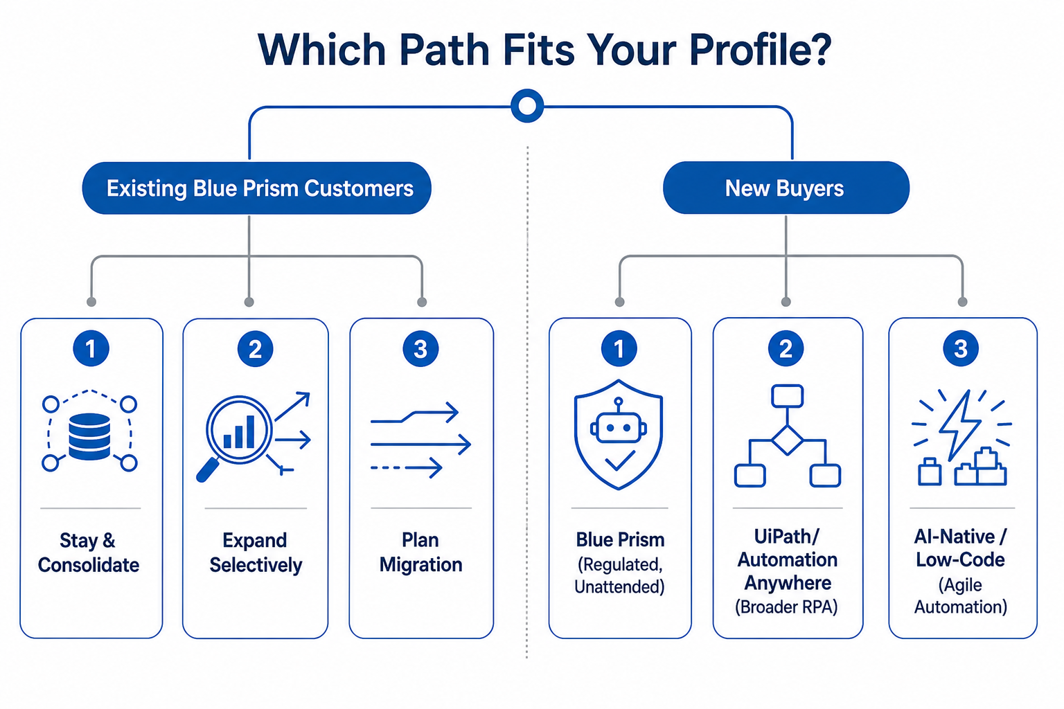 A decision framework infographic showing 'Which Path Fits Your Profile?' with branches for Existing Blue Prism Customers and New Buyers.