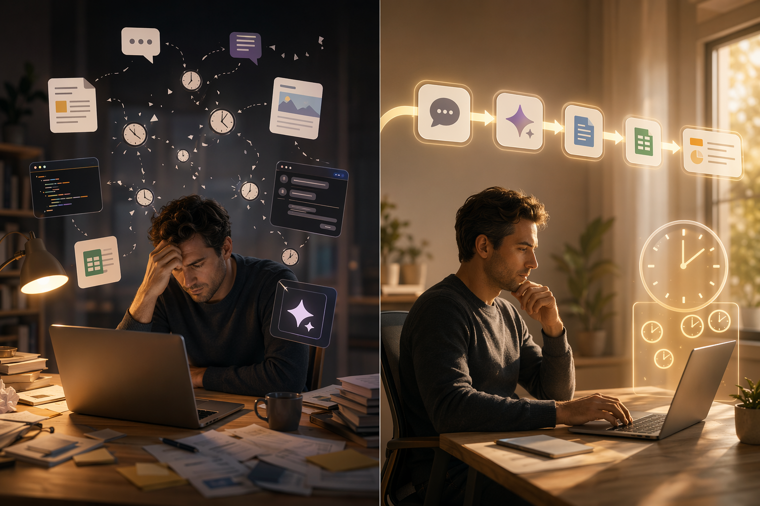 Frustrated worker surrounded by disconnected AI tools contrasted with a clean connected AI workflow pipeline