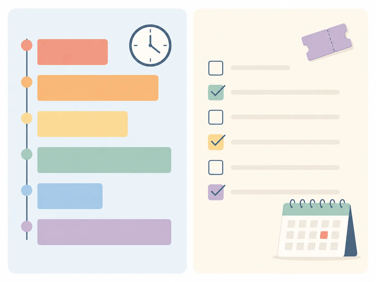 Illustration contrasting a time-block timeline with a checklist of travel tasks