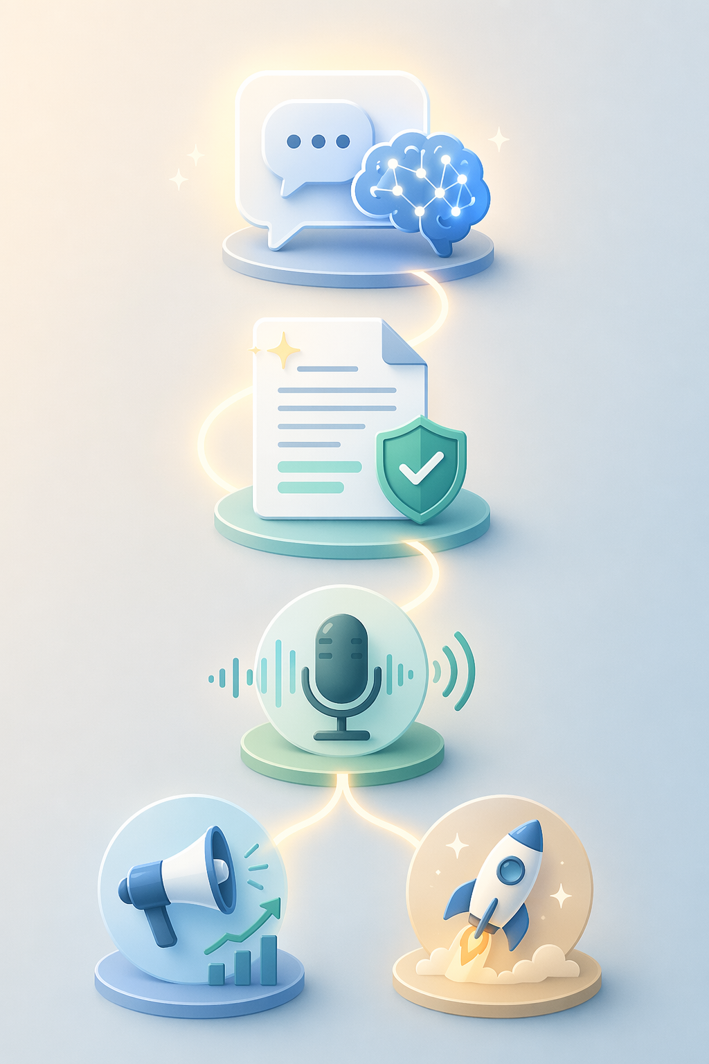 A warm minimalist editorial illustration showing four distinct AI writing tool tiers arranged in a diagonal workflow: a glowing chat bubble and brain icon for general chatbots, a polished document with sparkle and shield icons for grammar and polish tools, a microphone with sound waves for voice-to-text tools, and a rocket icon for marketing content platforms, all connected by flowing light lines on a muted blue, teal, and sage green background