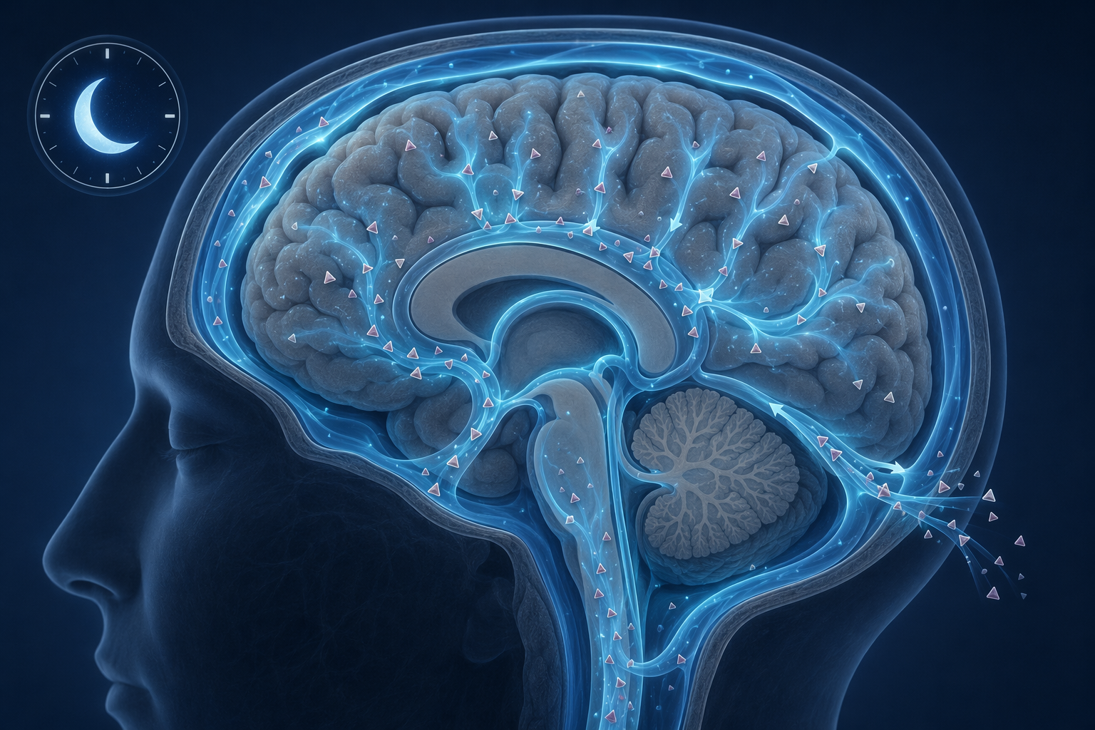 A sleeping brain cross-section showing cerebrospinal fluid moving through glymphatic pathways and clearing tau fragments