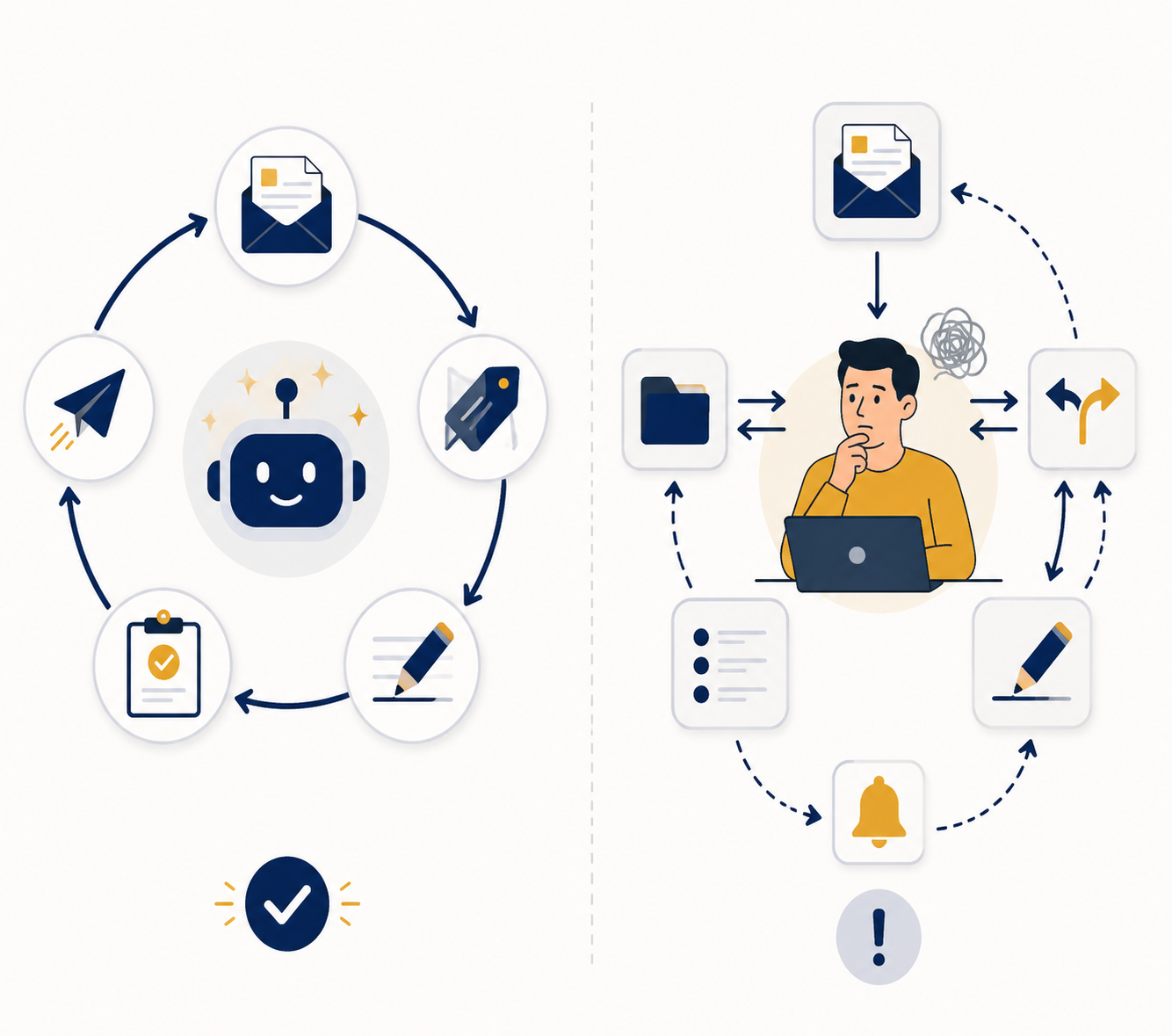 Split illustration comparing an autonomous AI email workflow with manual assisted sorting