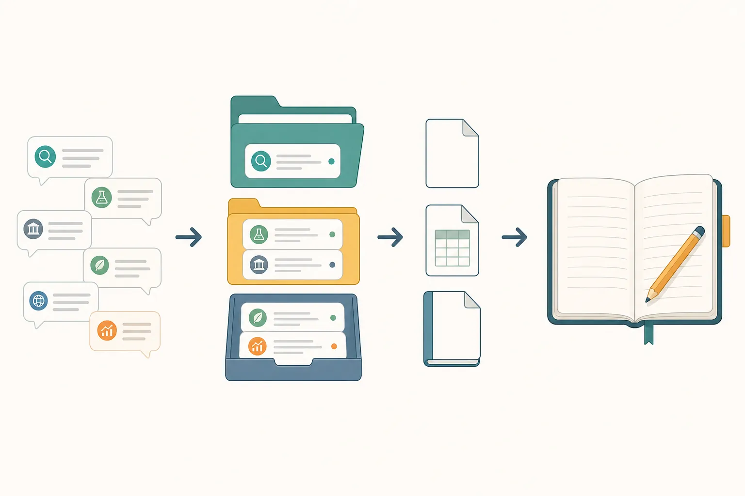 Research query cards flowing into folders, export files, and a durable notebook
