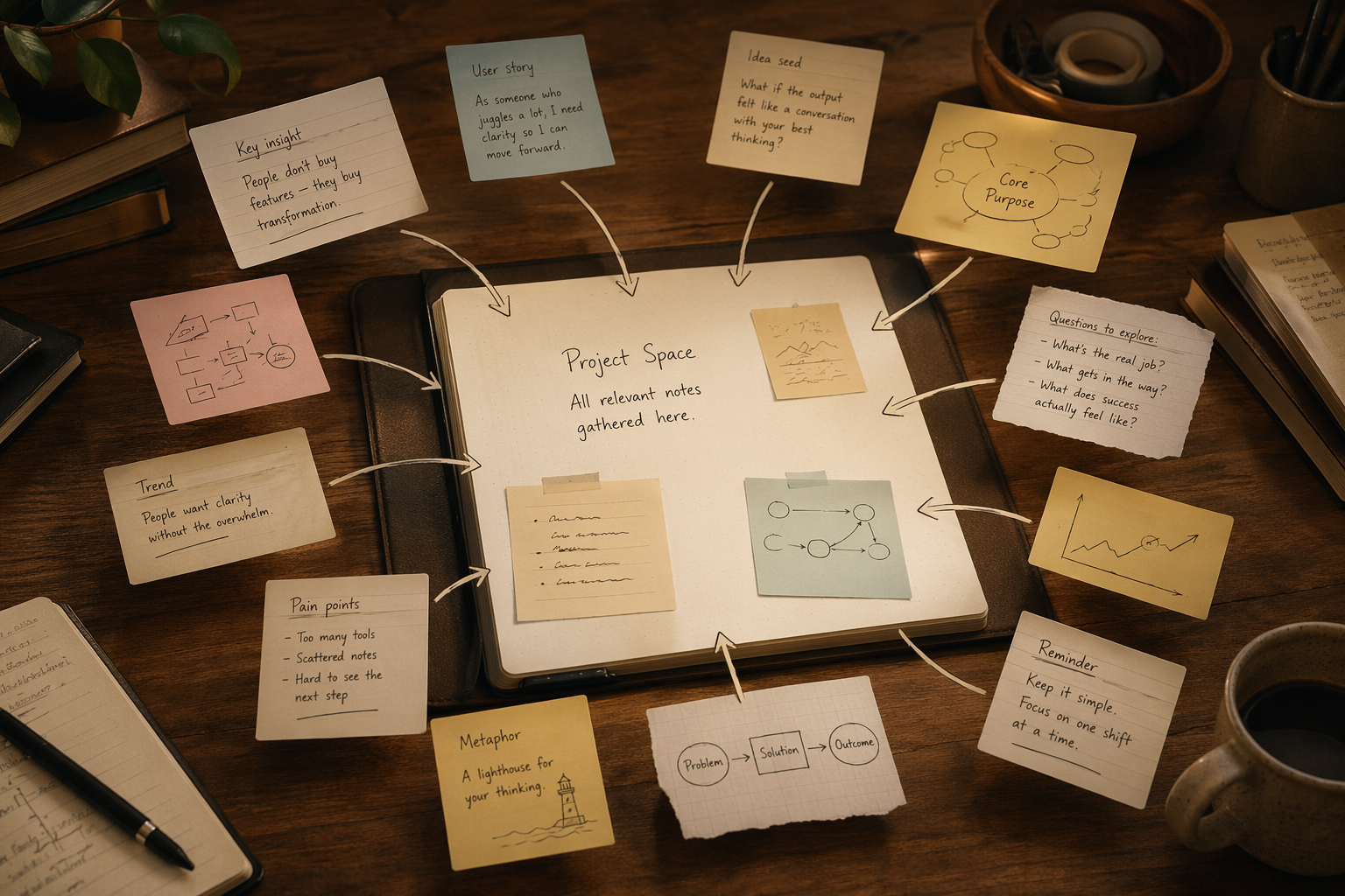 Note cards being pulled from surrounding areas into a central digital project sandbox