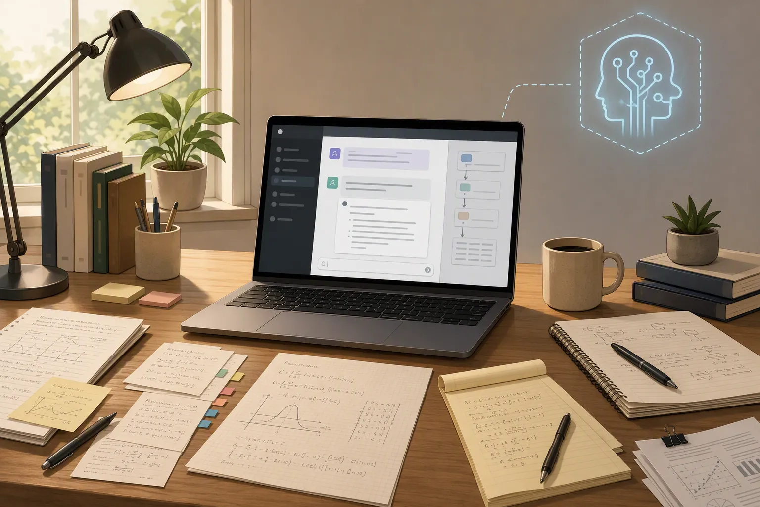 Research desk with paper notes, LaTeX fragments, and a laptop research chat workflow, with a faint next-generation AI symbol not yet connected