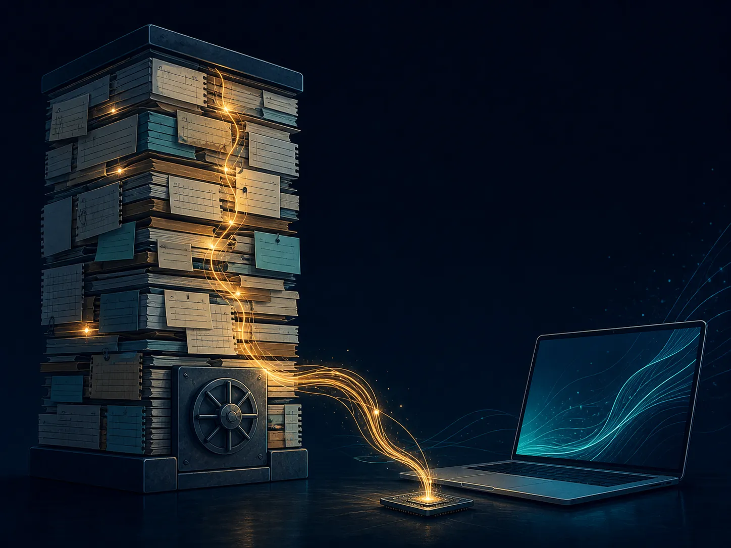 Archive of stacked note cards and meeting pages connected by a glowing thread to a chip beside a laptop