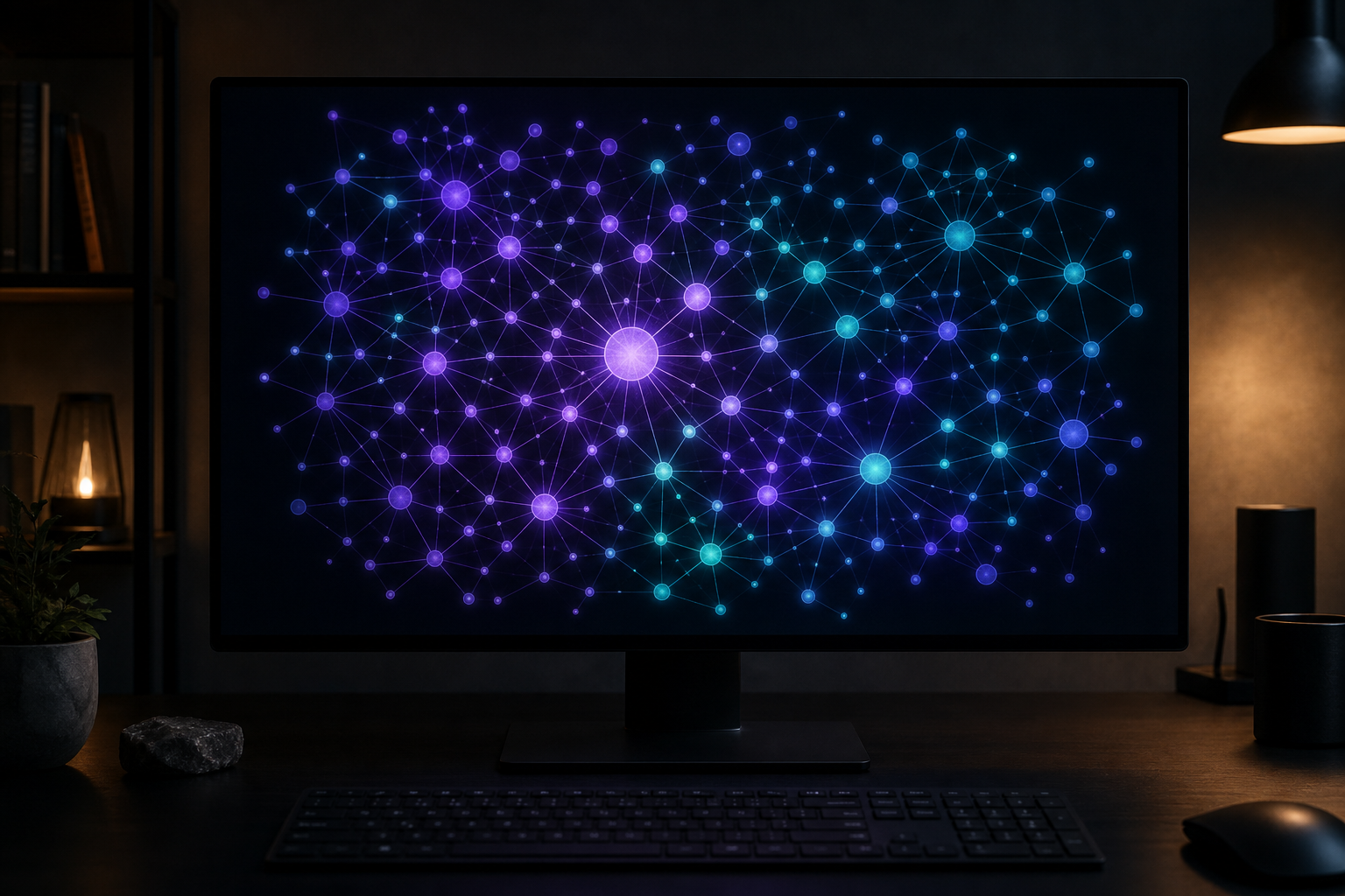 A dark-mode desktop workspace with a large monitor displaying a glowing knowledge graph with interconnected nodes in purple and teal against a near-black background.